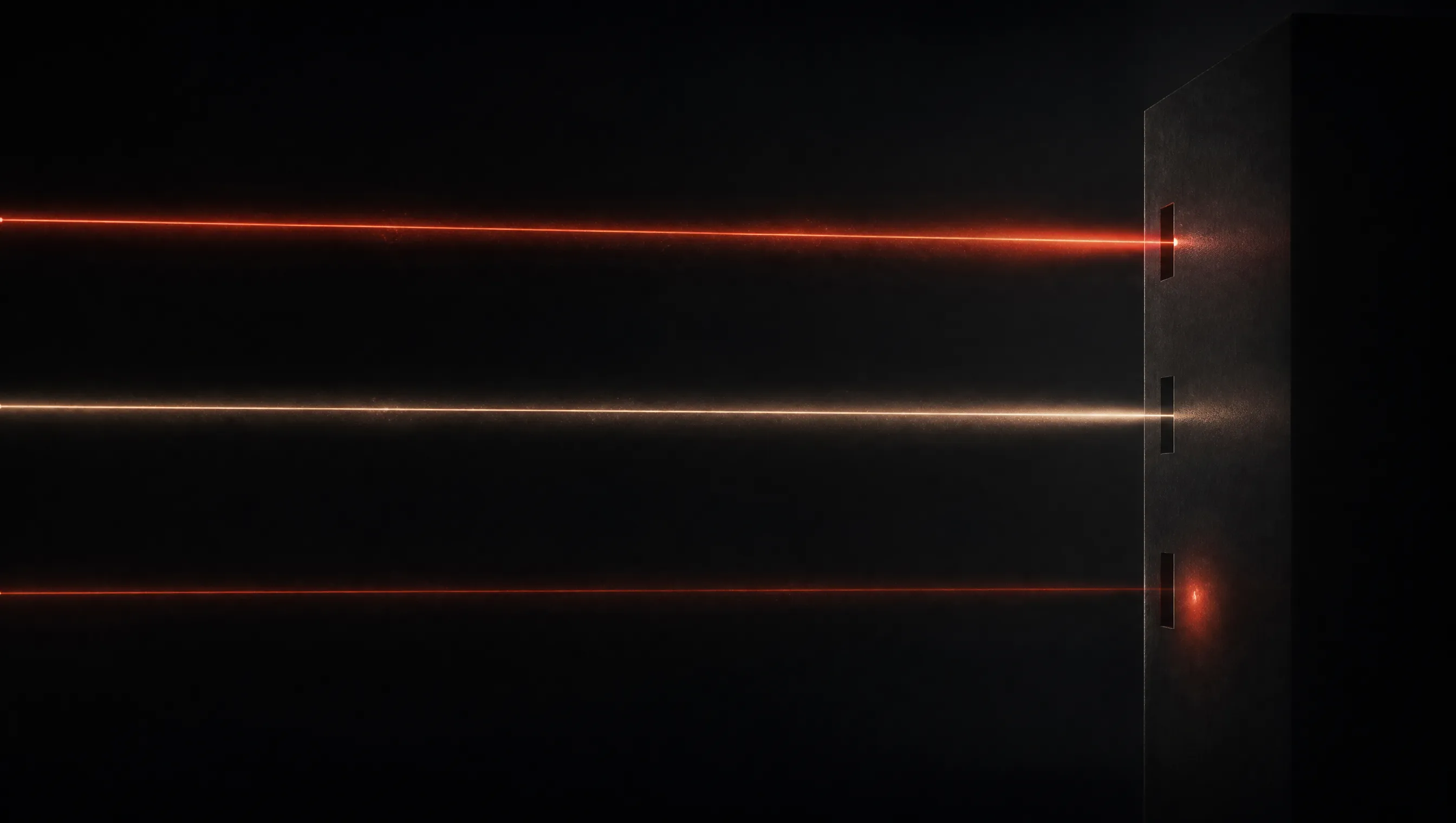 Three thin beams of light approaching three apertures in a dark panel: two pass through, the third is stopped at a sealed gate.