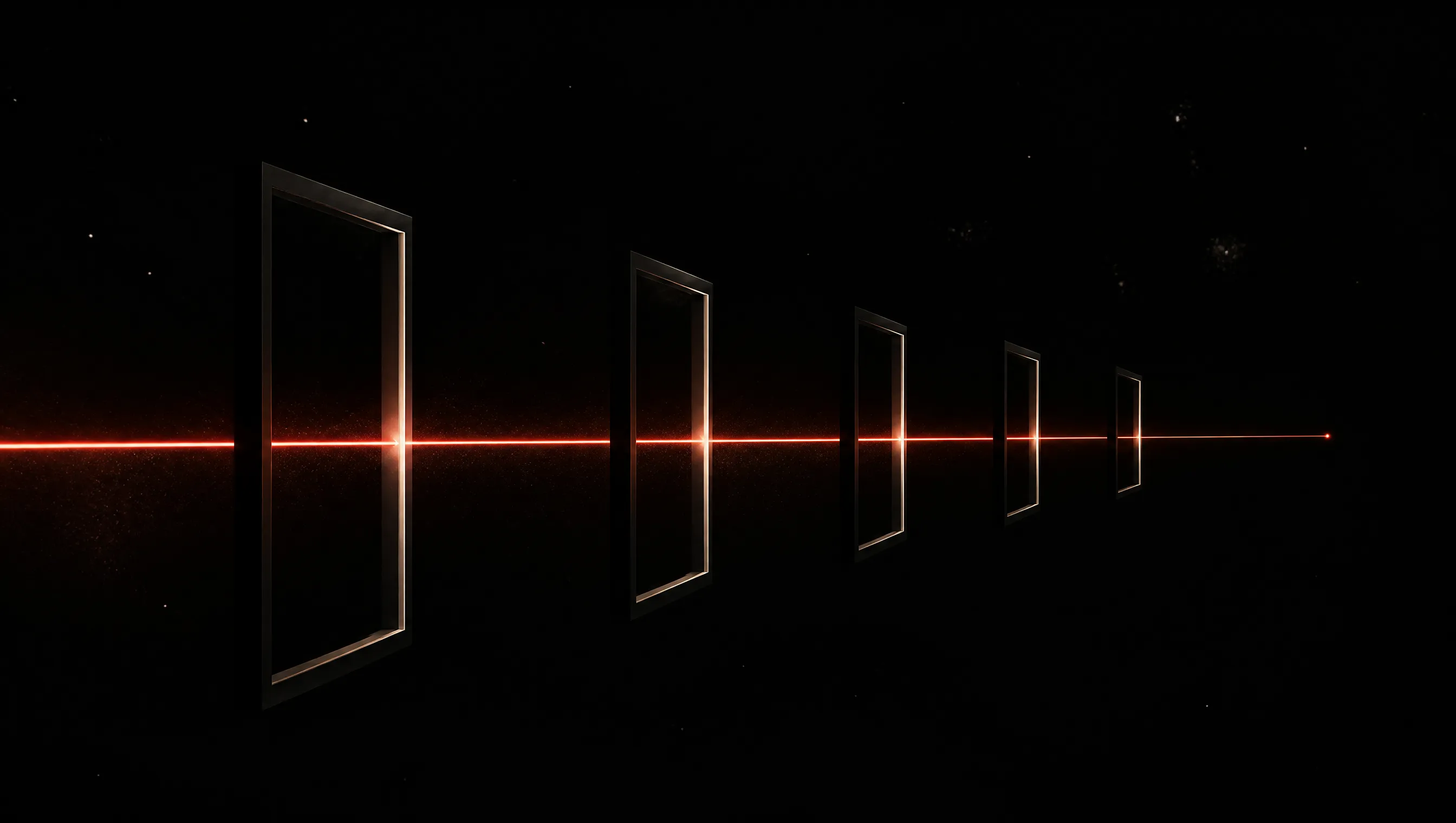 A single vermillion beam of light passing through five successive dark gates receding into space.