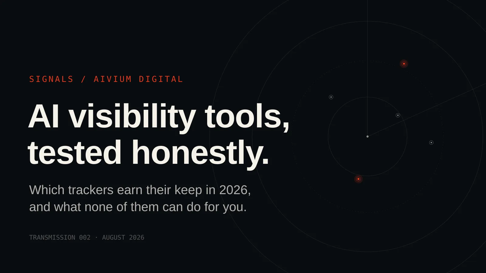Dark radar graphic tracking multiple contacts, titled: AI visibility tools, tested honestly.