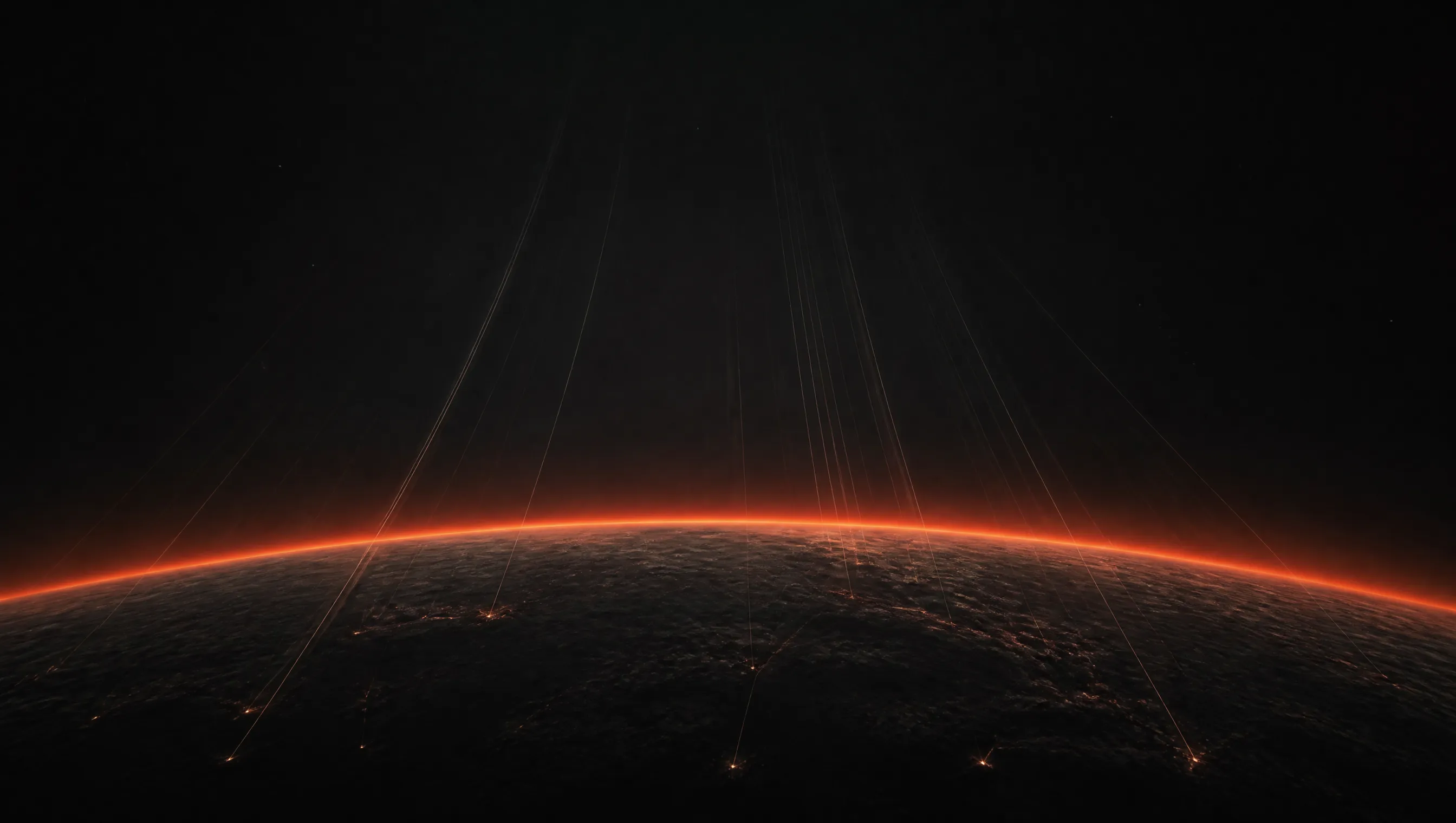A dark planet horizon with a vermillion rim light and dozens of faint signal lines descending from space toward points on the surface.