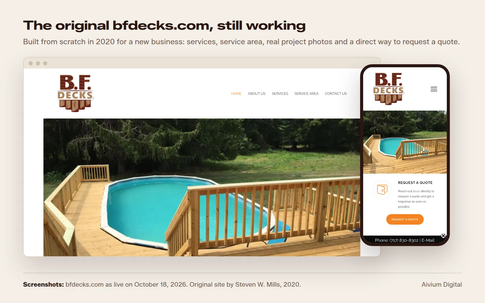 The original bfdecks.com on desktop and phone: the B.F. Decks logo, navigation, a large photo of a pool deck, and a Request a quote button
