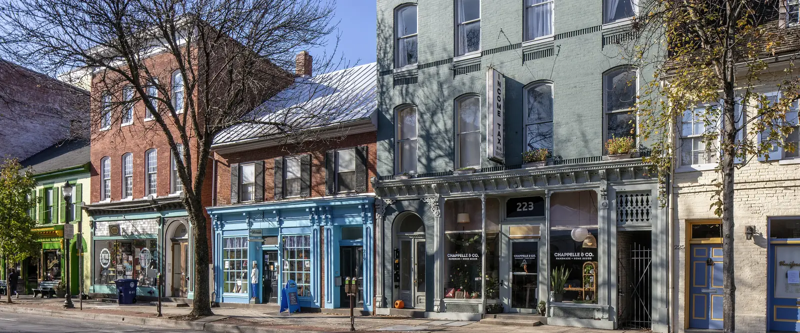 Shops and restaurants in restored storefronts on North Market Street in downtown Frederick